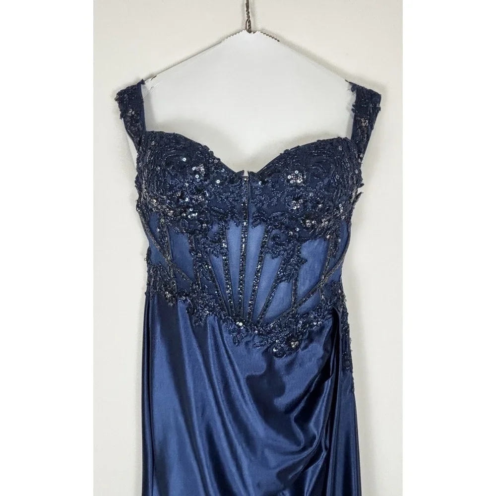 Stacey's Navy Satin Blue Beaded Off The Shoulder Prom Dress W/ Dramatic Slit Med
